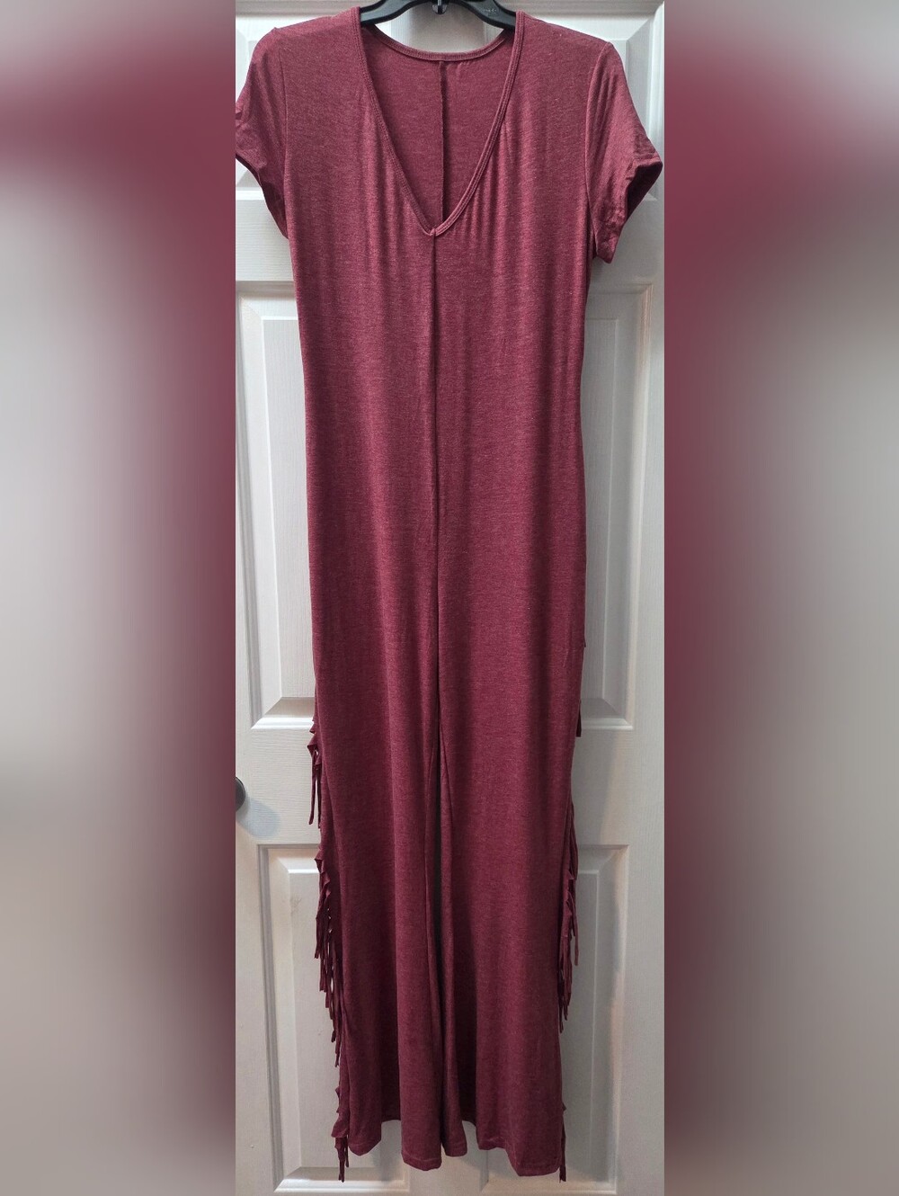 Casual Fringe-Trim Jumpsuit in Burgundy